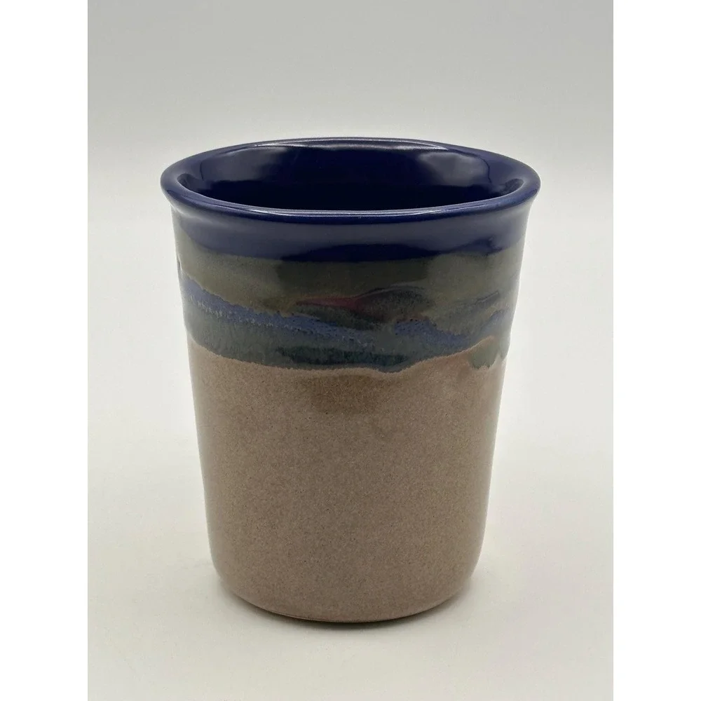 Artist Signed Handmade Studio Pottery Coffee Mug Blue Drip Glaze Stoneware